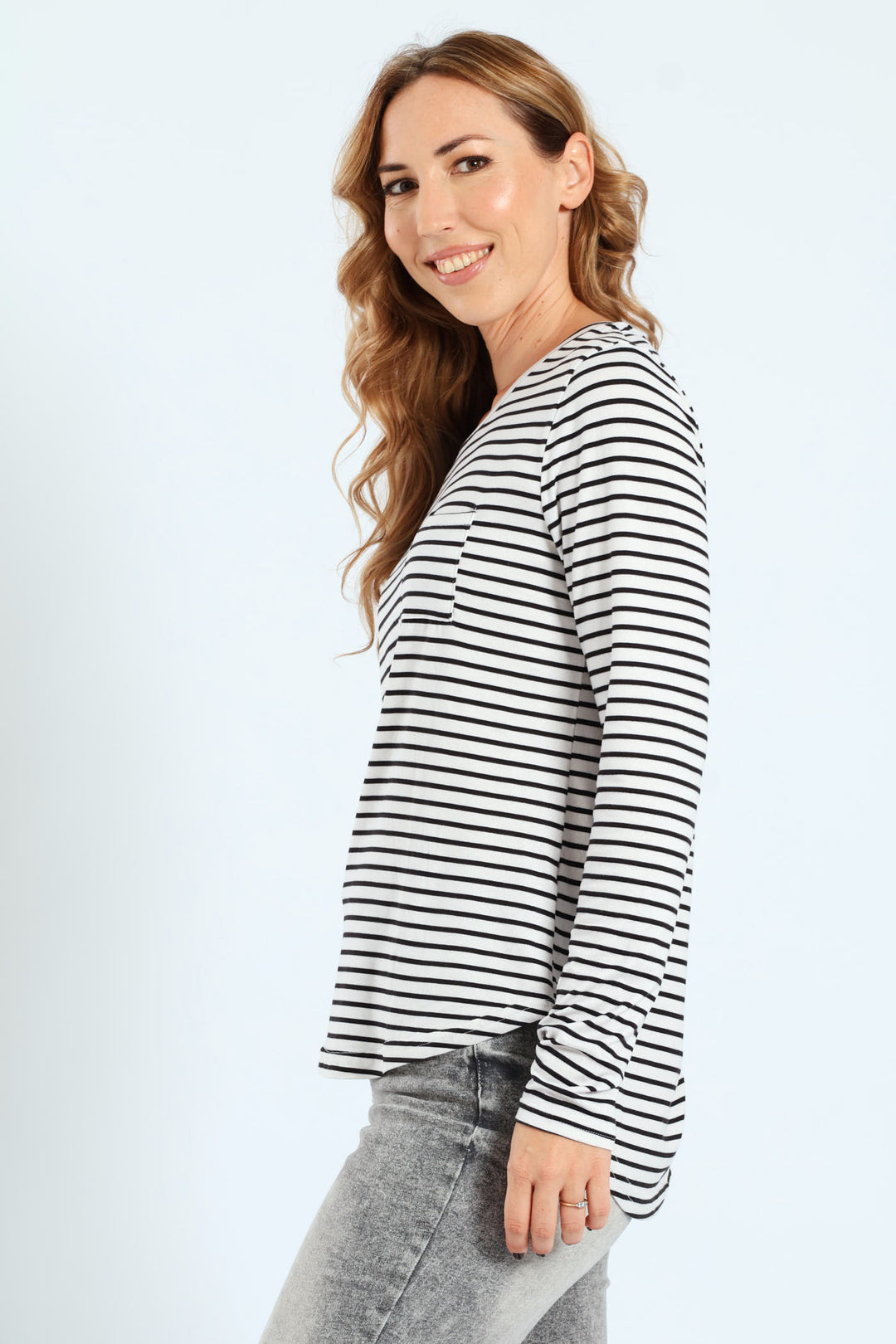 Stripe Pocket Crew Top - Black/Grey