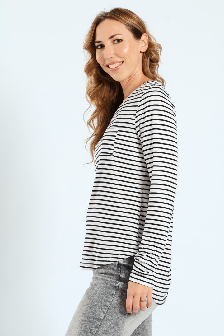 Stripe Pocket Crew Top - Black/Grey