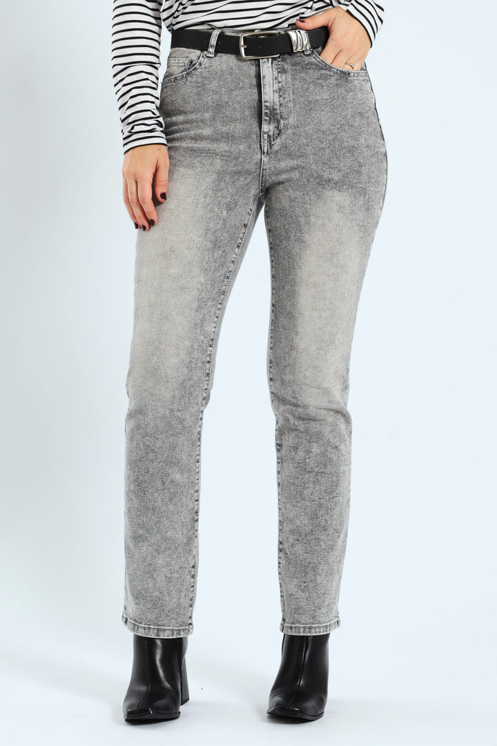 Hi-Rise Belted Straight Leg Denim - Salty Grey