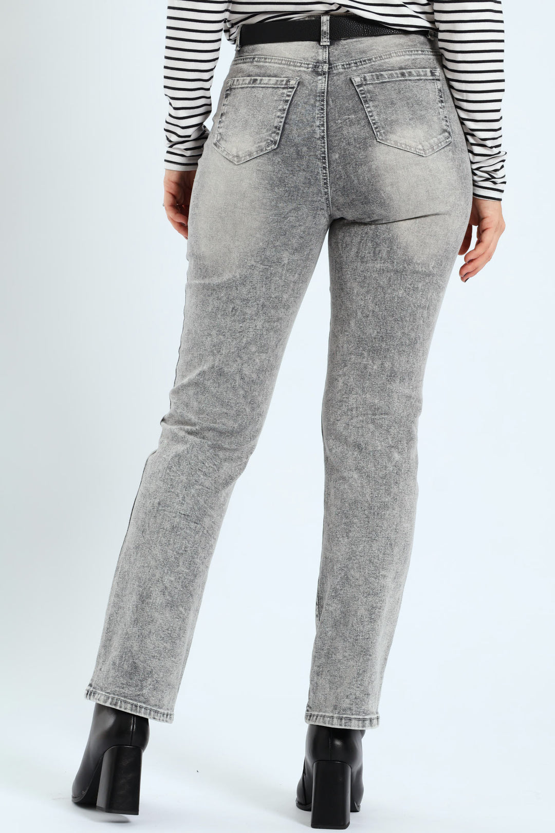 Hi-Rise Belted Straight Leg Denim - Salty Grey