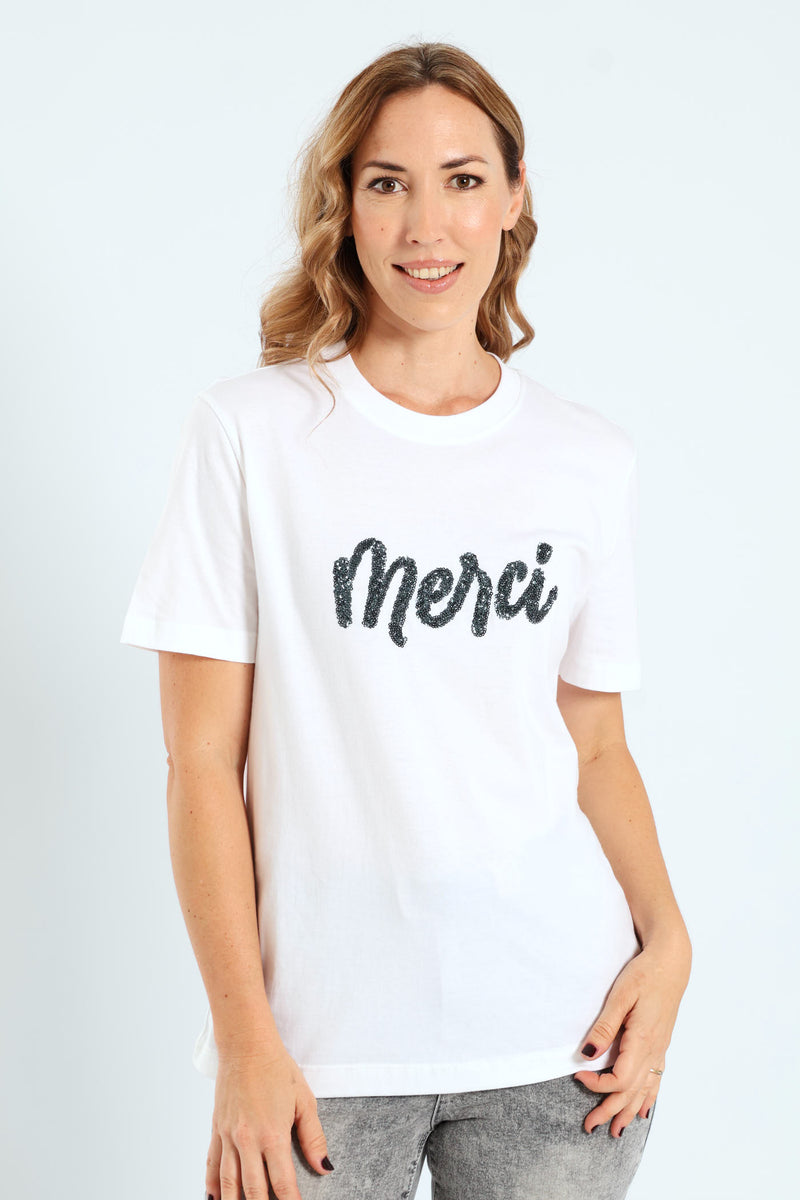 Beaded Merci Oversized Tee - White