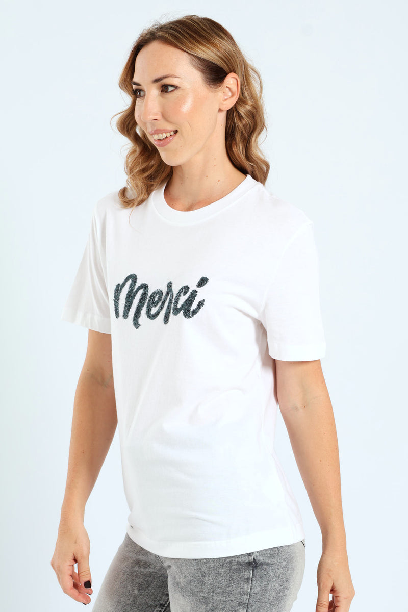 Beaded Merci Oversized Tee - White