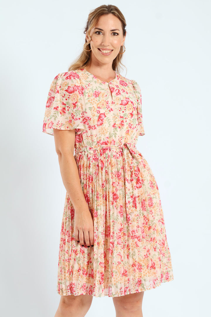 Pleated Keyhole Tea Dress