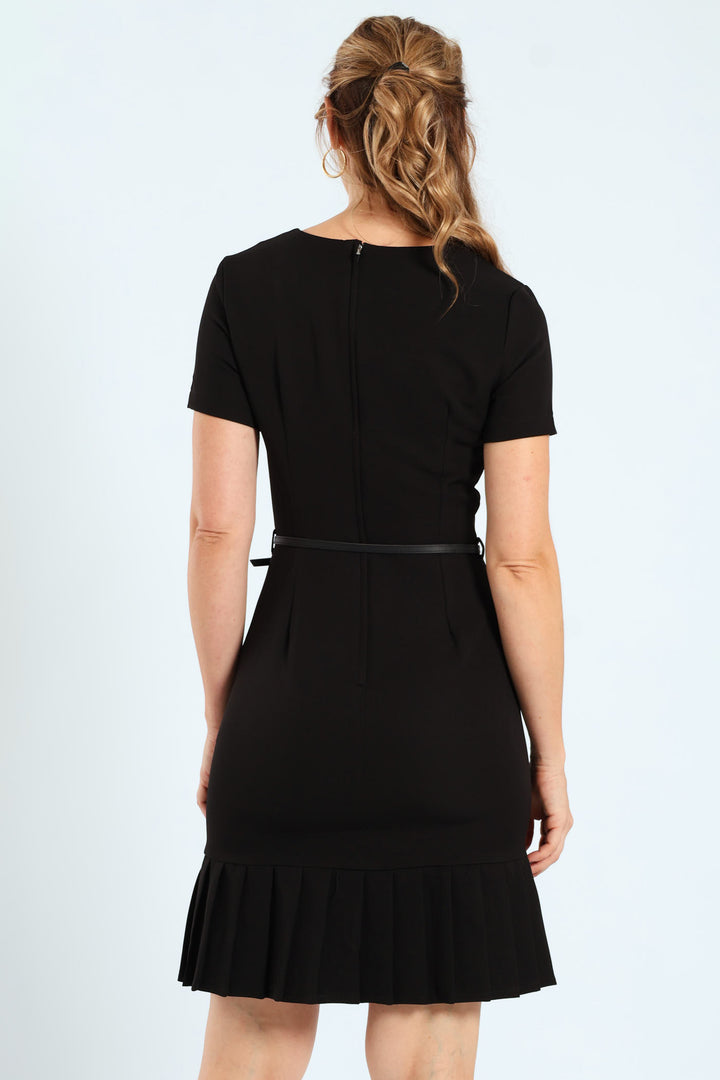 Belted Pleated Frill Hem Work Dress