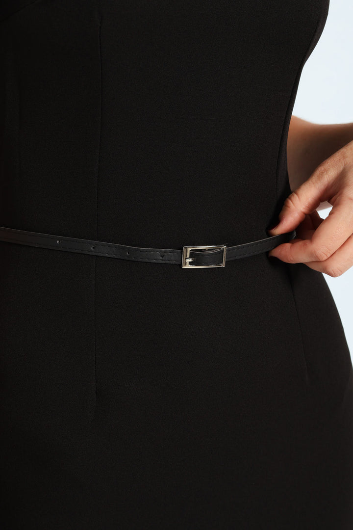 Belted Pleated Frill Hem Work Dress