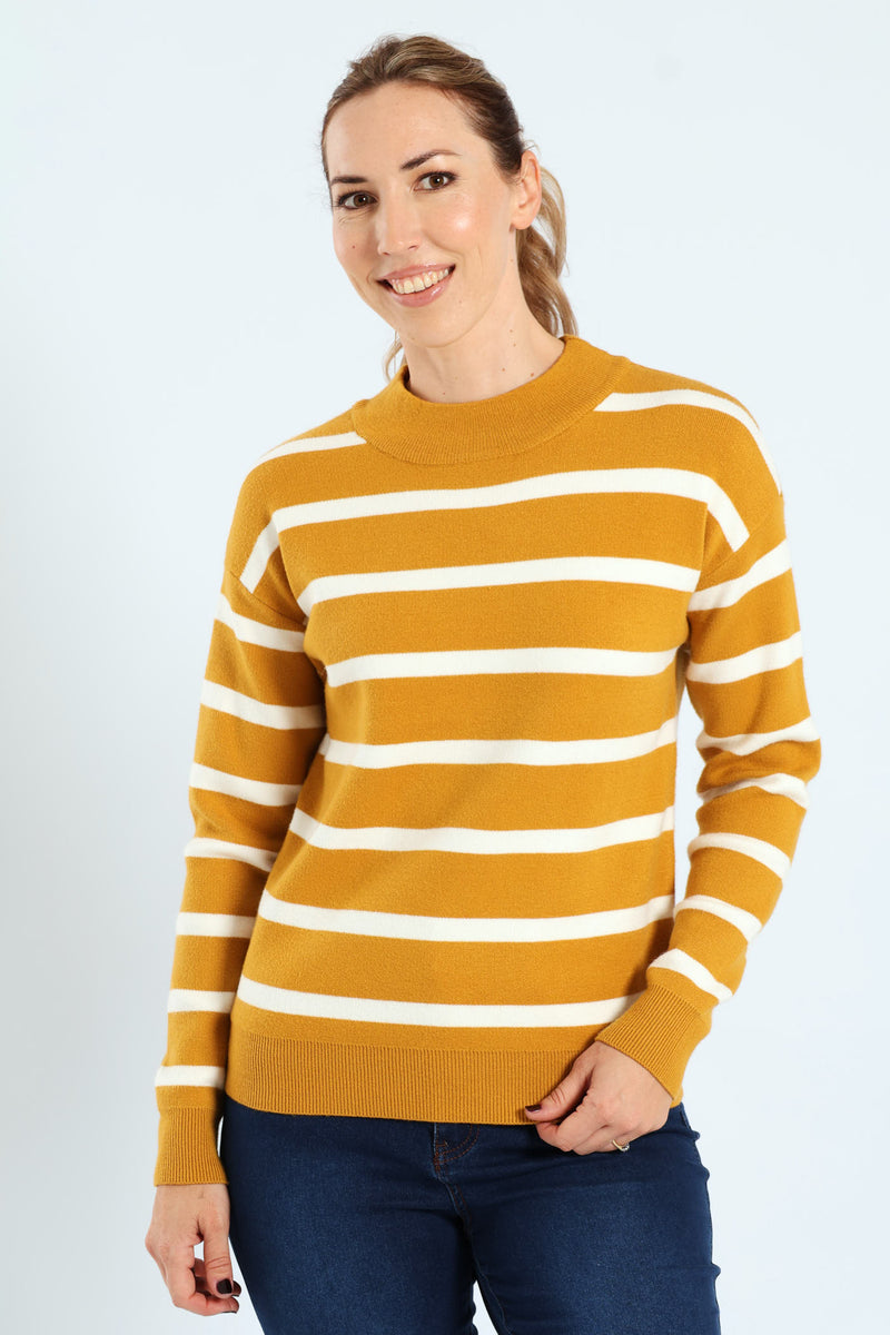 Luxe Academia Stripe Turtle Pullover - Mustard/Cream