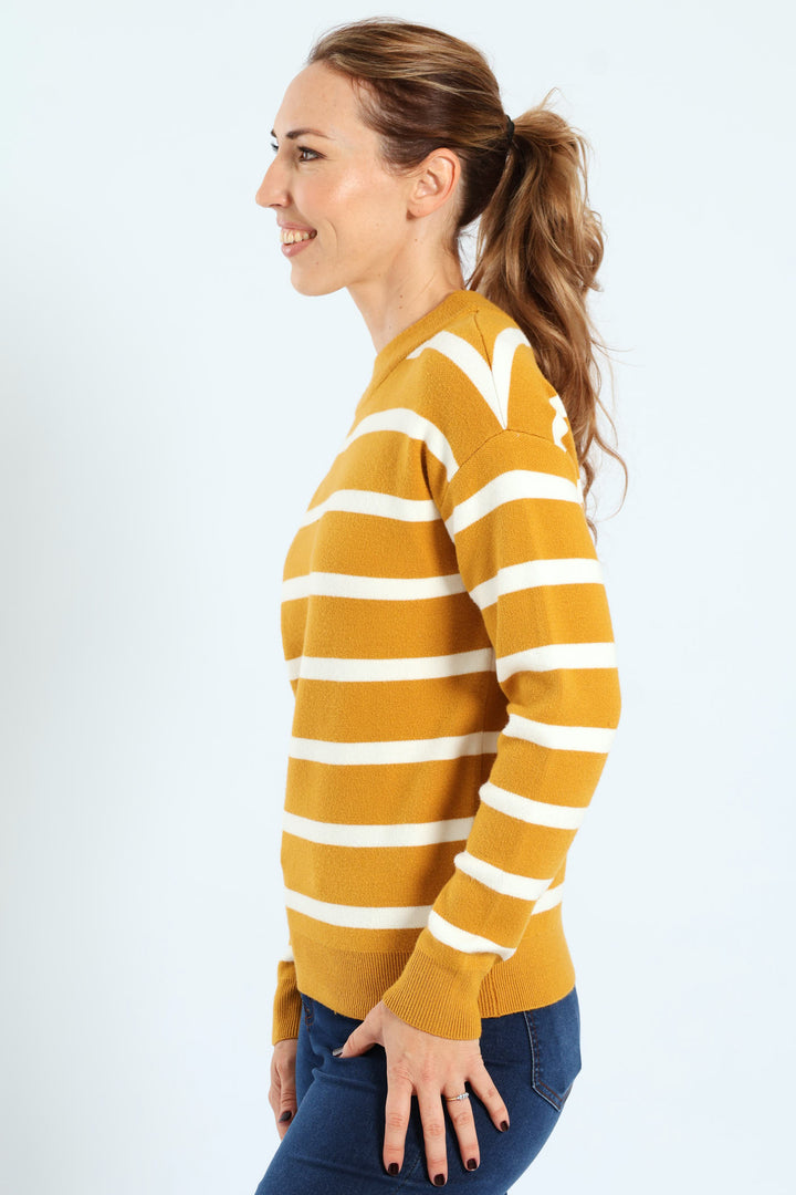Luxe Academia Stripe Turtle Pullover - Mustard/Cream