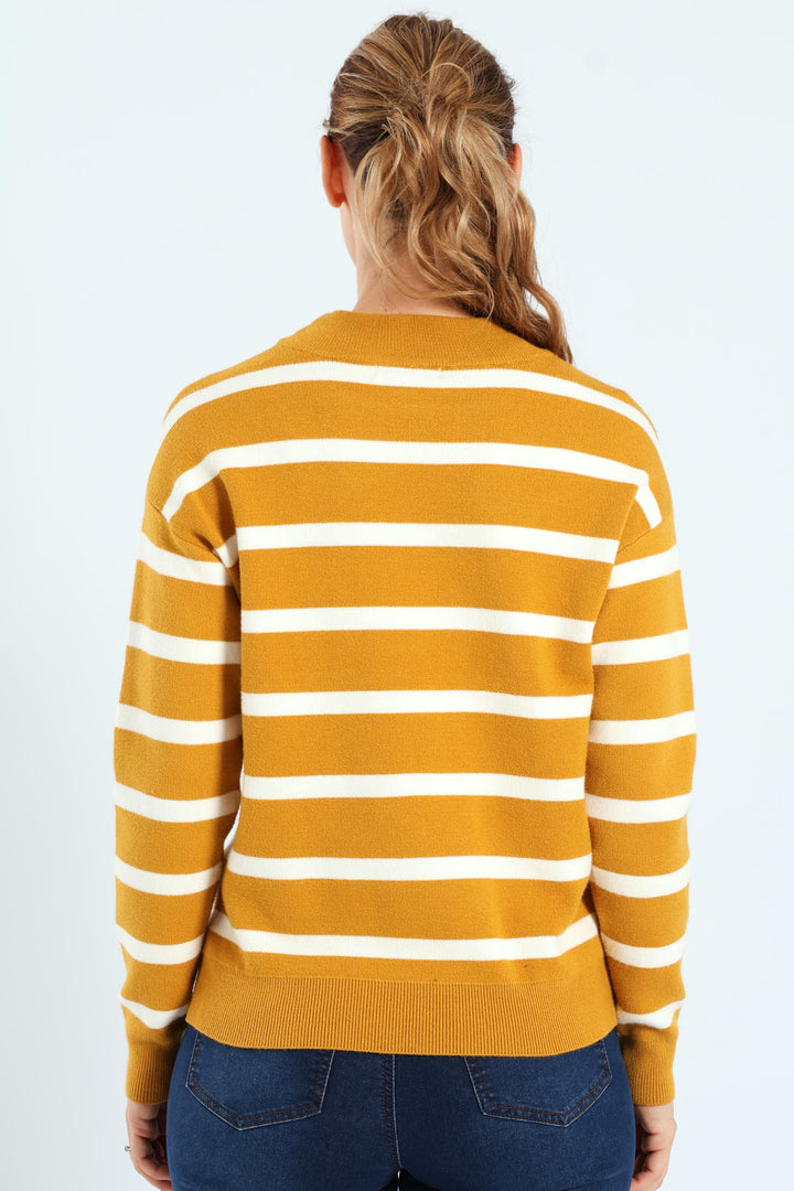 Luxe Academia Stripe Turtle Pullover - Mustard/Cream