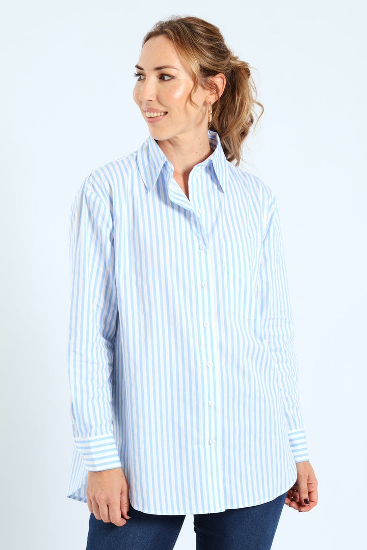 Long Sleeve Oversized Stripe Poplin Shirt - White/Blue