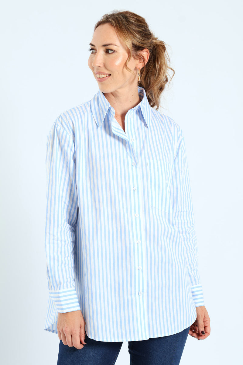 Long Sleeve Oversized Stripe Poplin Shirt - White/Blue