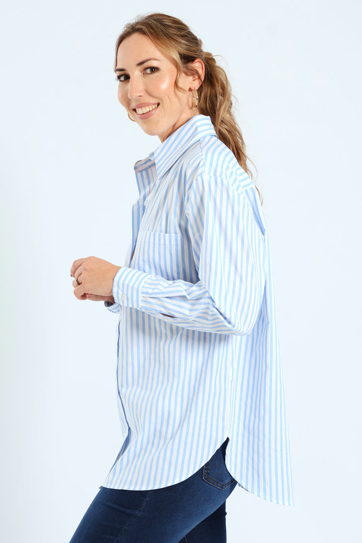 Long Sleeve Oversized Stripe Poplin Shirt - White/Blue
