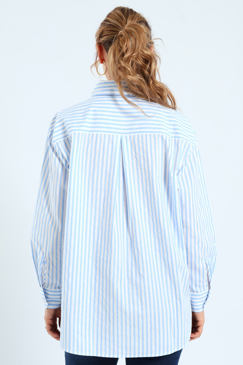 Long Sleeve Oversized Stripe Poplin Shirt - White/Blue