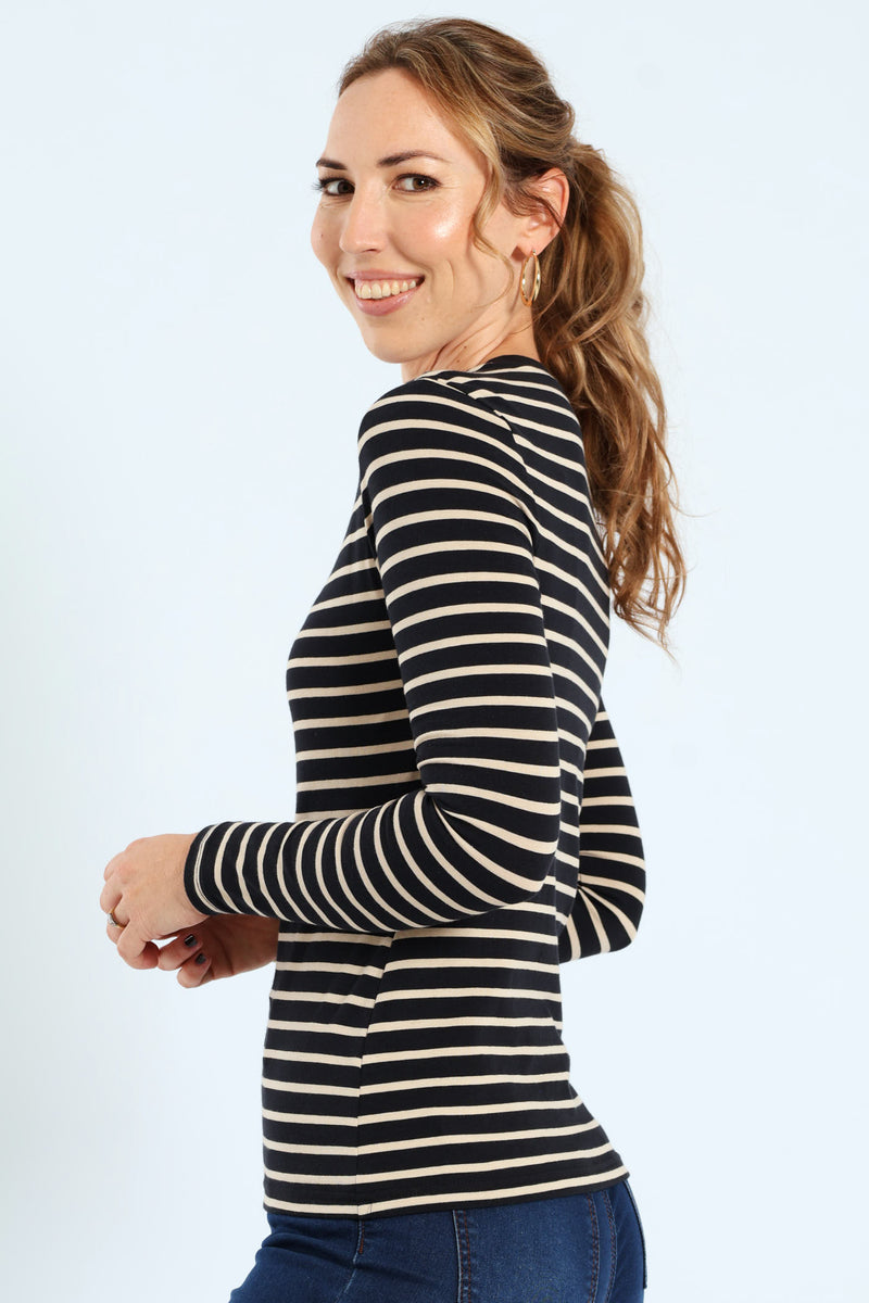Cotton Lycra Striped Crew Top - Black/Tan