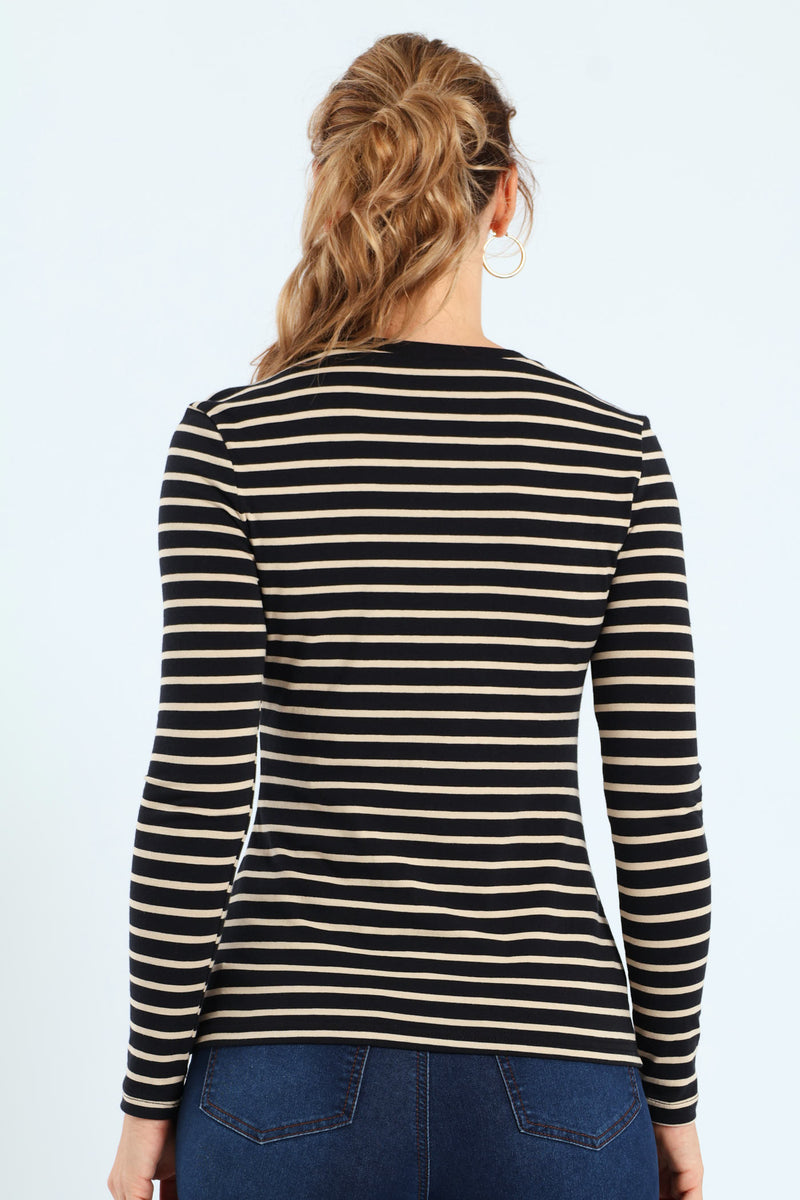 Cotton Lycra Striped Crew Top - Black/Tan
