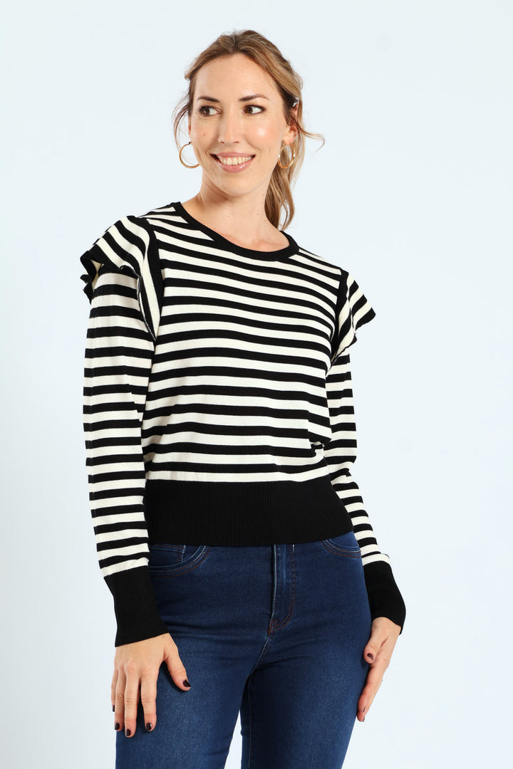 Frill Sleeve Striped Pullover - Black/White