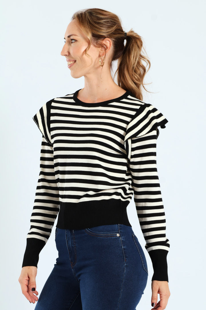 Frill Sleeve Striped Pullover - Black/White