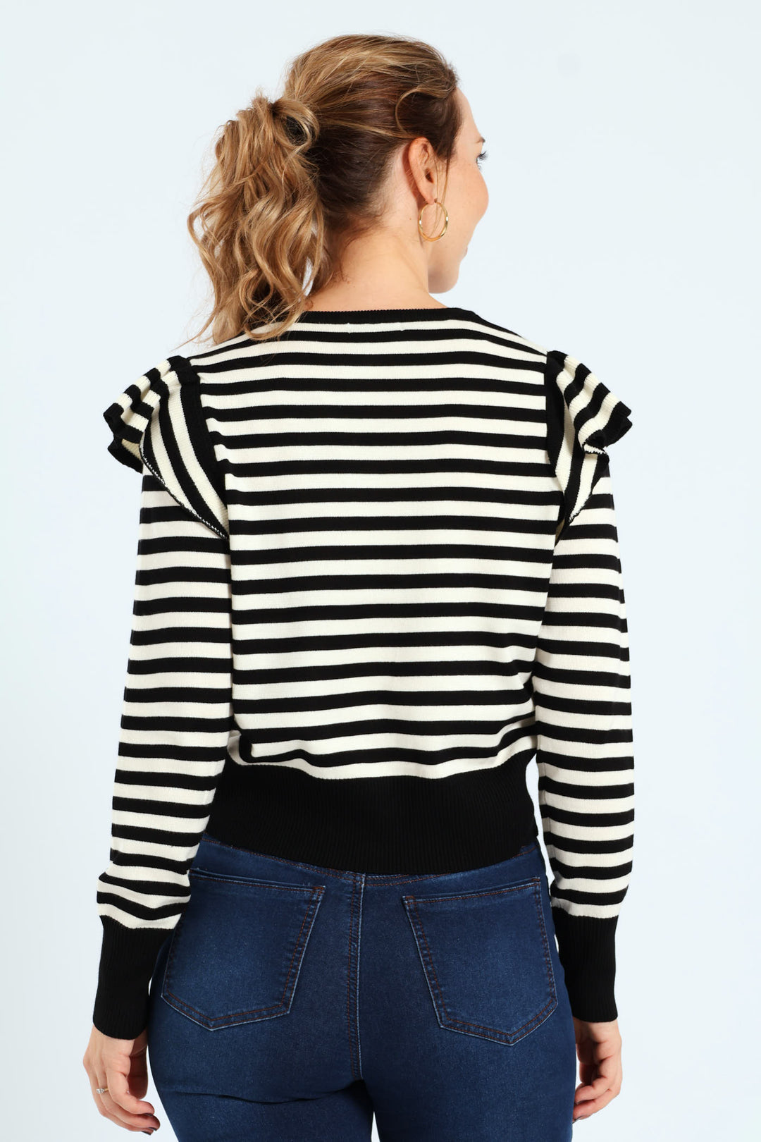 Frill Sleeve Striped Pullover - Black/White