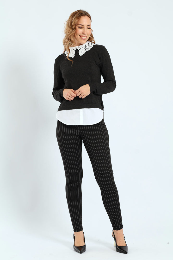 Pinstripe Ponte Skinny Pants - Black/Grey