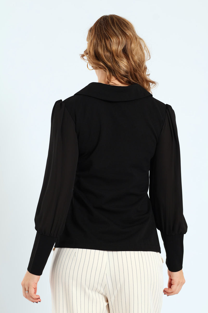 V-Neck Collared Knitwear Combo Blouse - Black