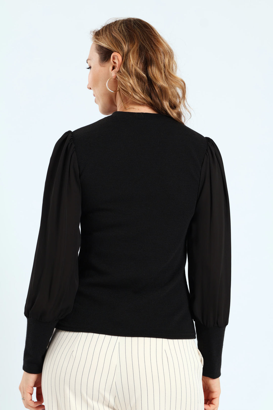 Textured Knitwear Combo Blouse - Black