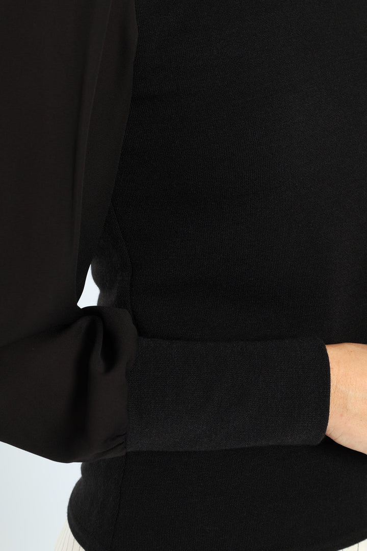 Textured Knitwear Combo Blouse - Black