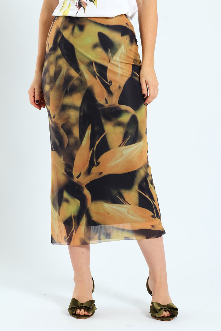 Pull-On Column Mesh Midaxi Skirt - Mustard