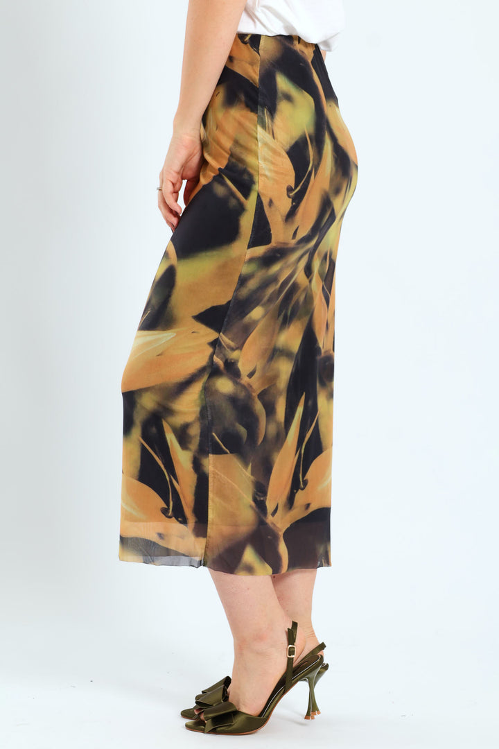 Pull-On Column Mesh Midaxi Skirt - Mustard