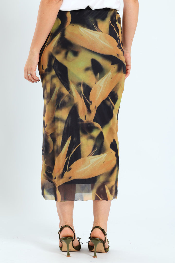 Pull-On Column Mesh Midaxi Skirt - Mustard