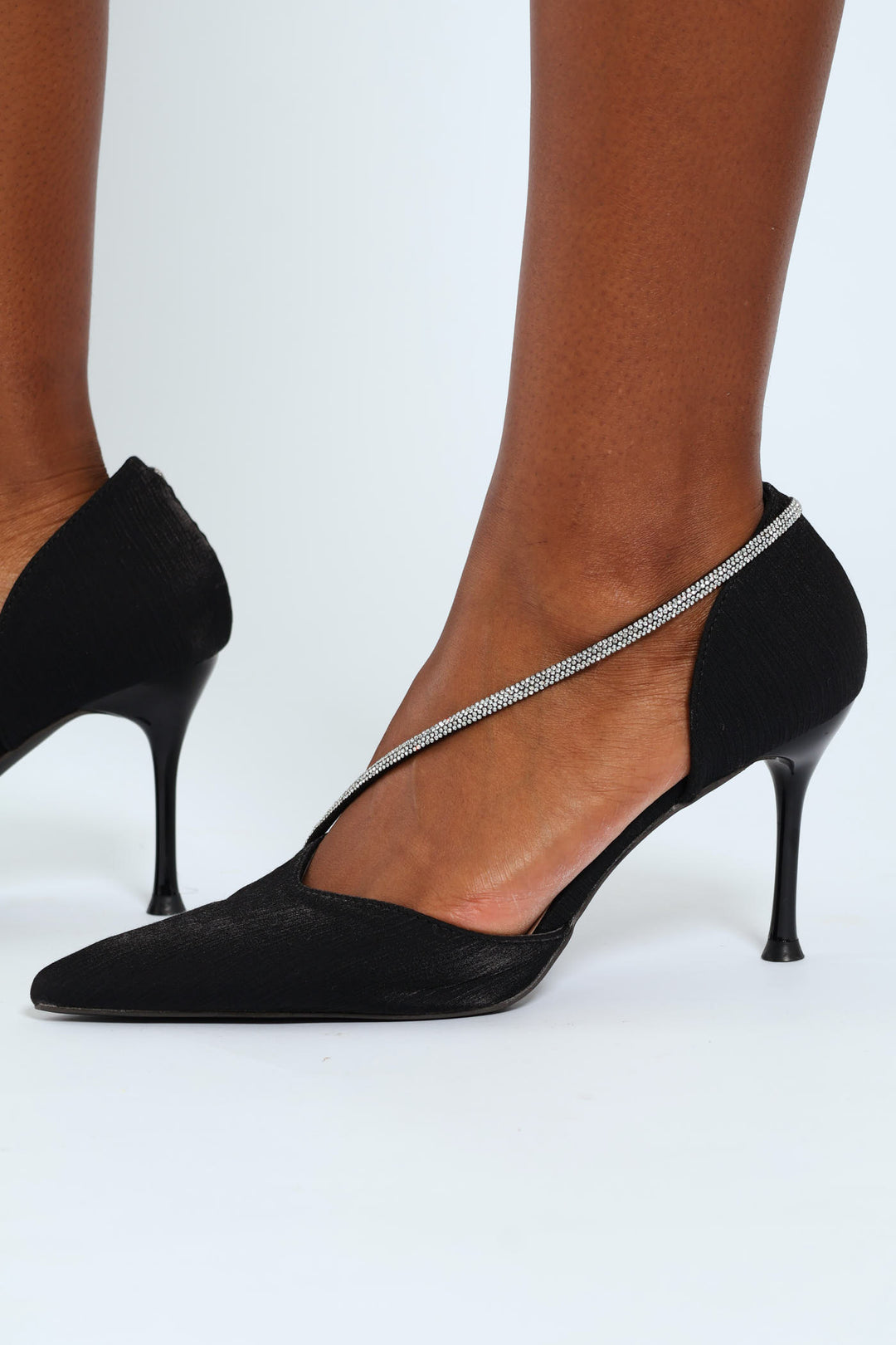 Pointy Open Waist Court Heel With Diamante Strap - Black