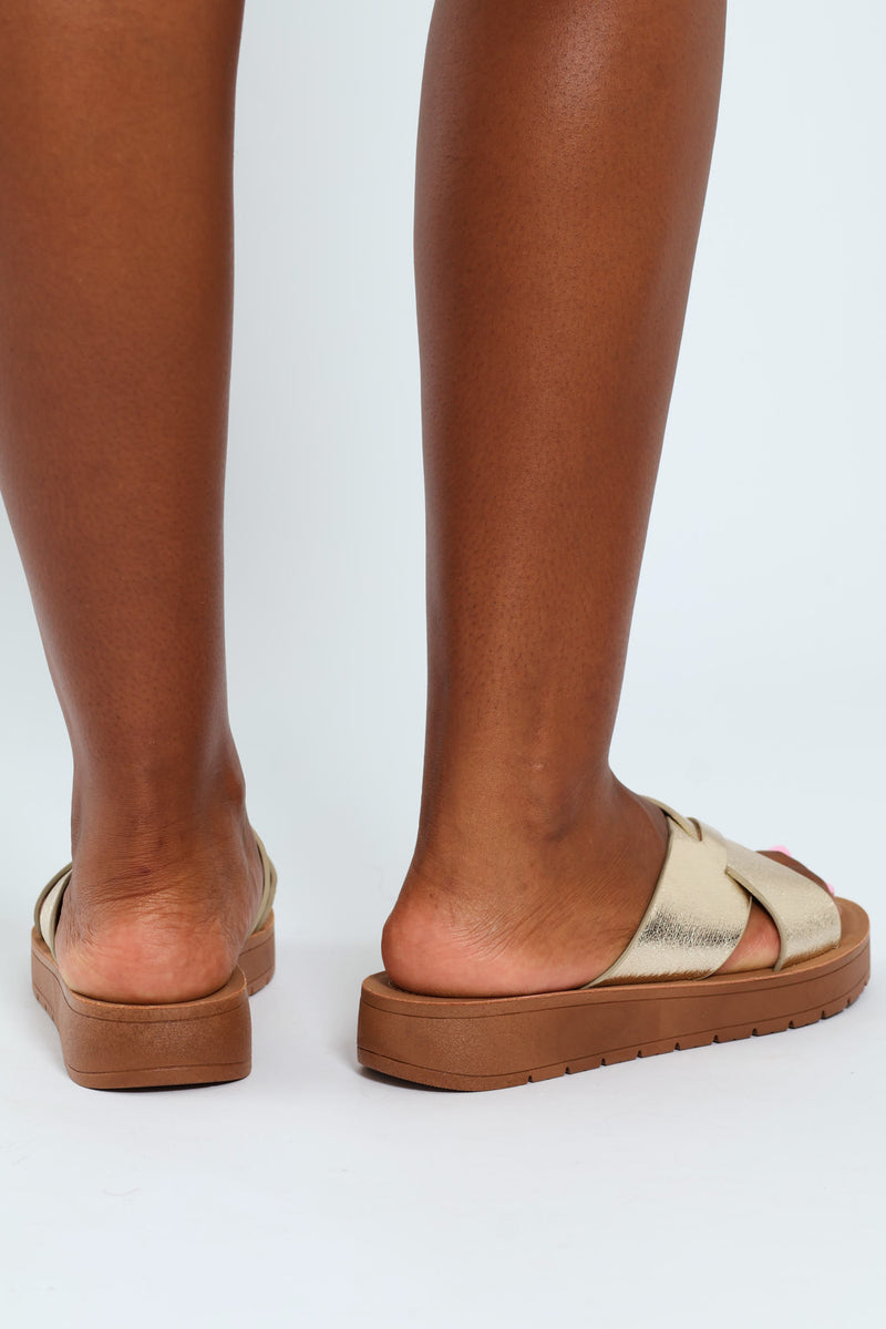 Wedged Comfort Outsole Crosstrap Mule Sandal - Gold