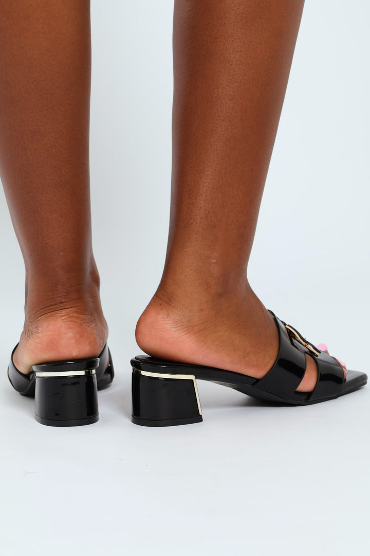 Metal Insert Heel Mule With Wide Vamp & Trim - Black