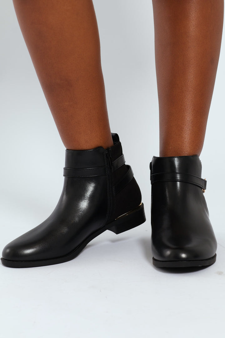 Smart Flat Chelsea Boot With Gold Buckle Trim - Black