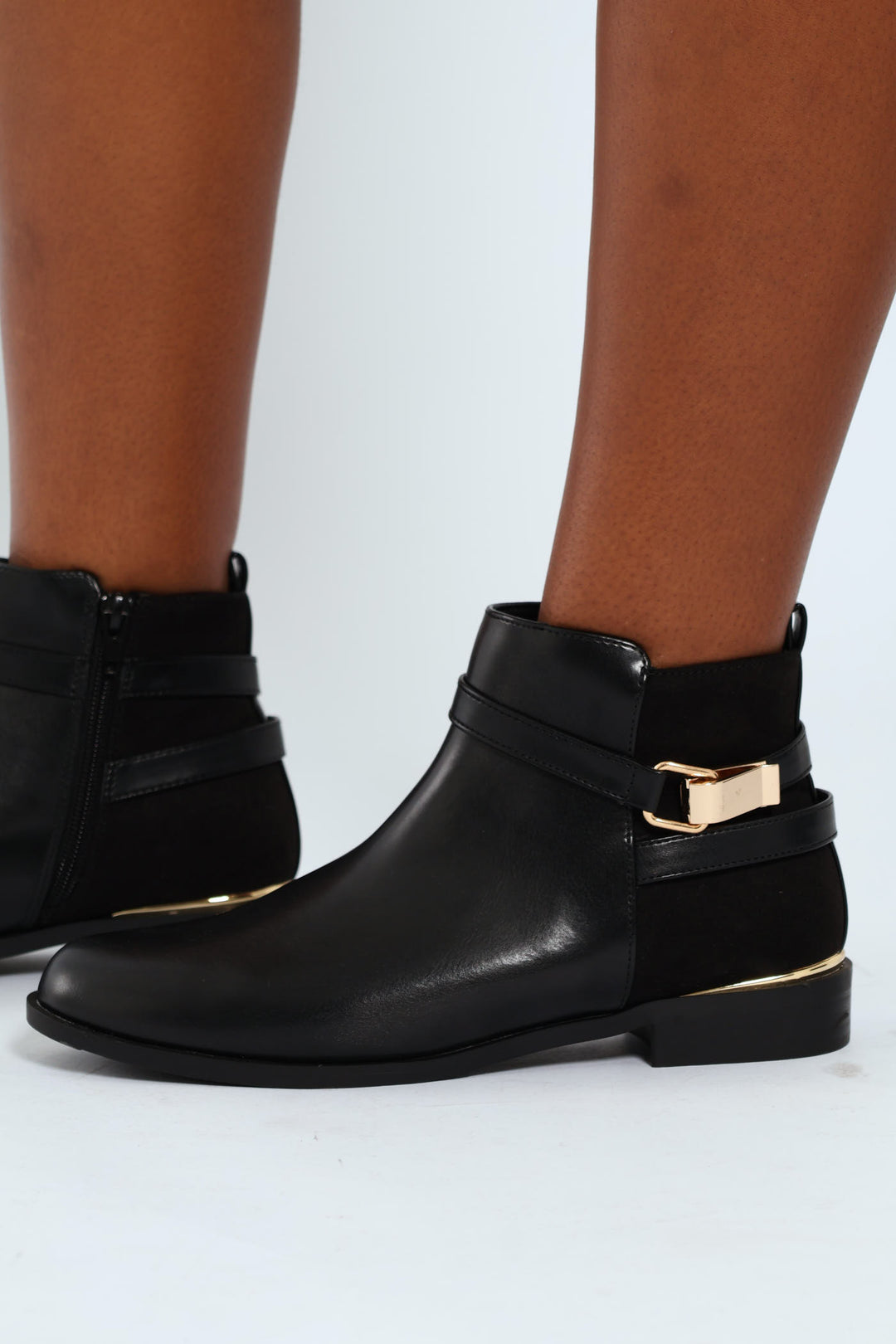 Smart Flat Chelsea Boot With Gold Buckle Trim - Black