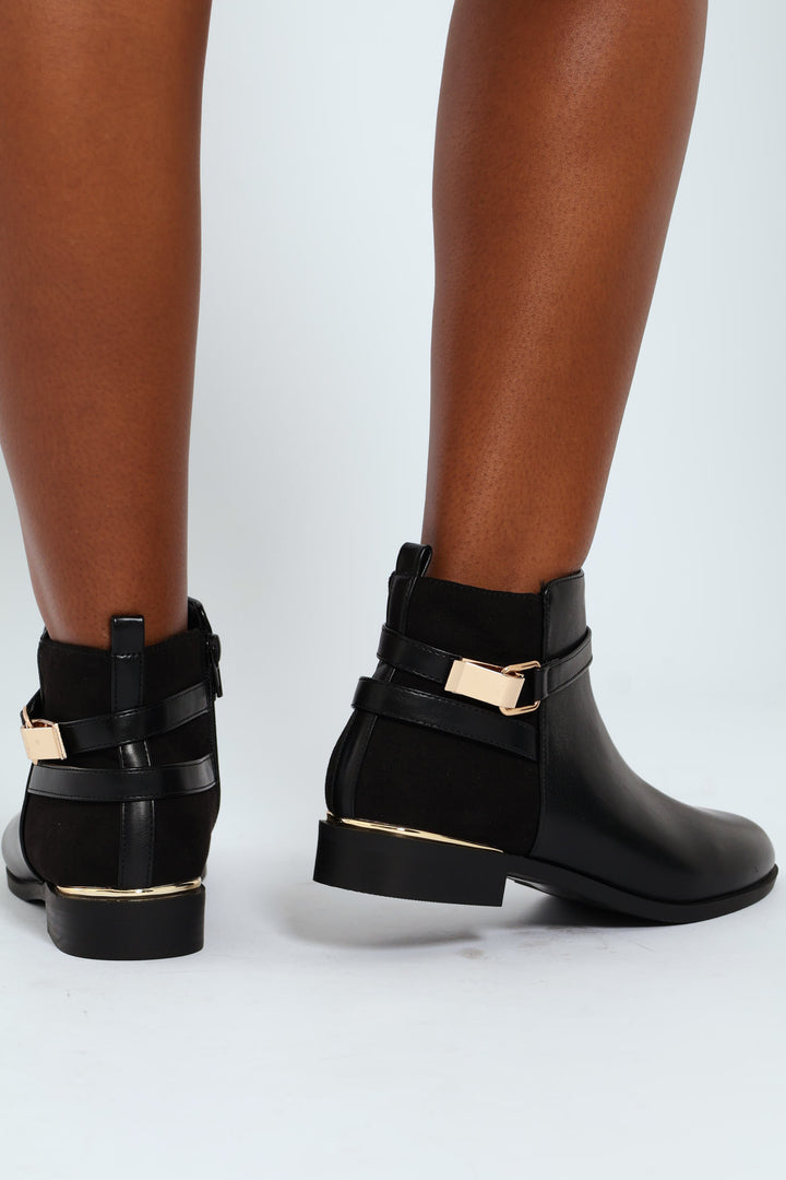 Smart Flat Chelsea Boot With Gold Buckle Trim - Black