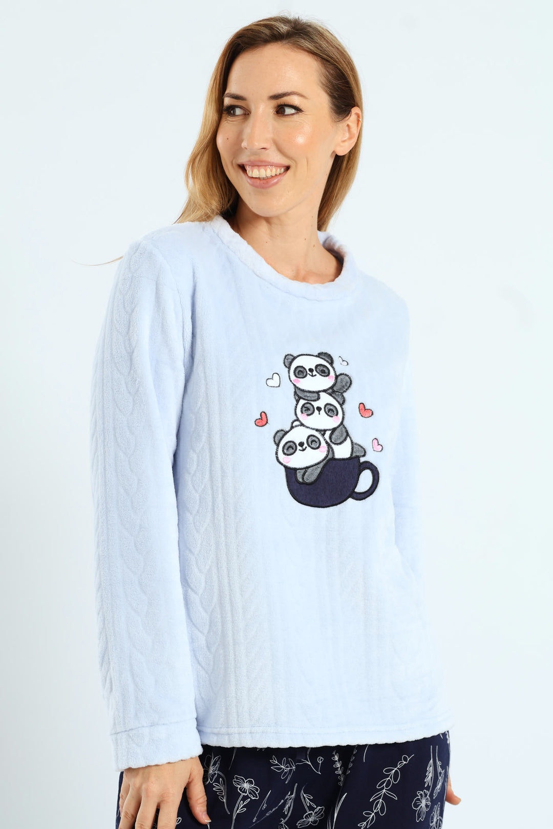 Fluffy Panda Stack Embroidered Pullover - Blue