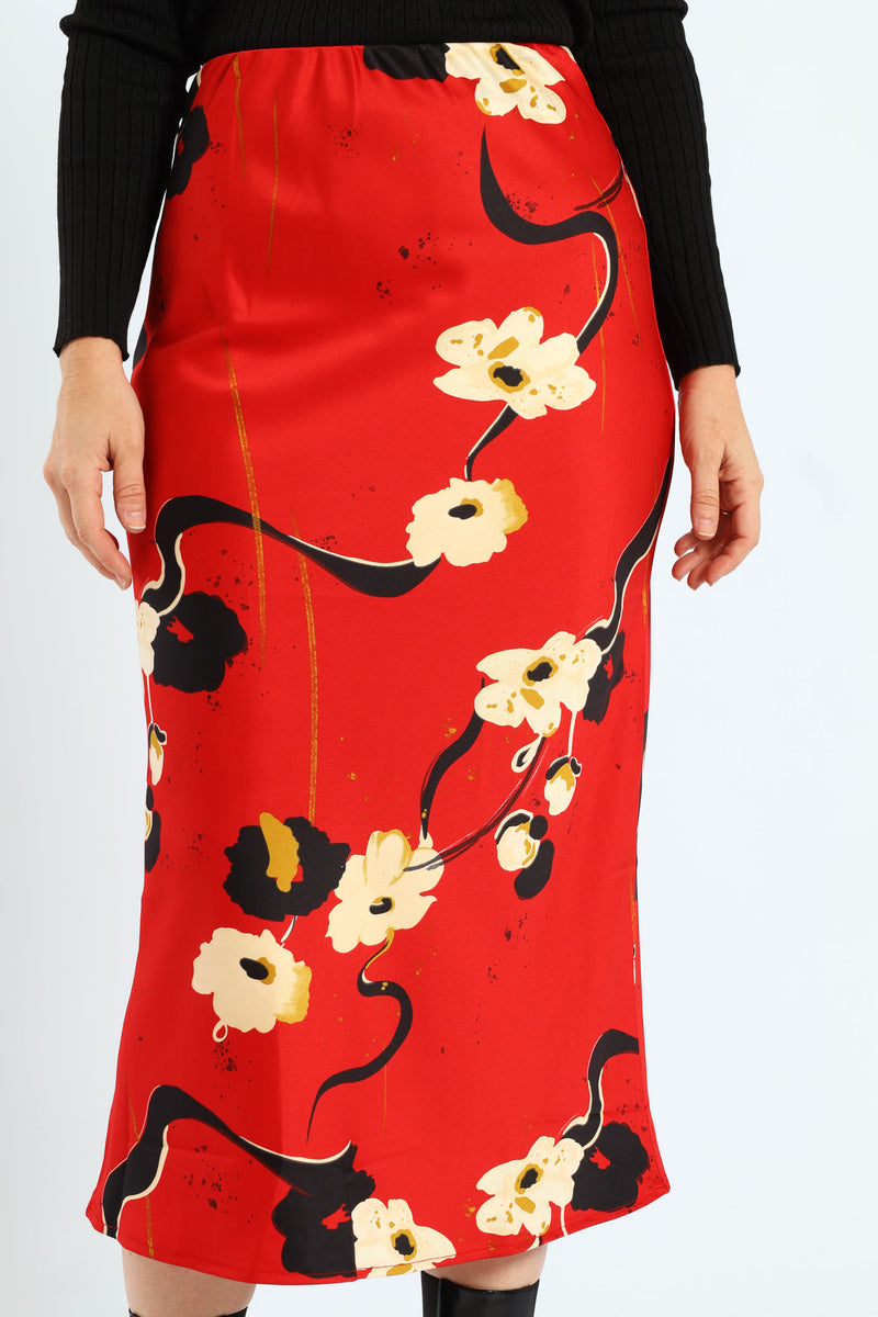 Bias Cut Satin Print Midi Skirt - Red