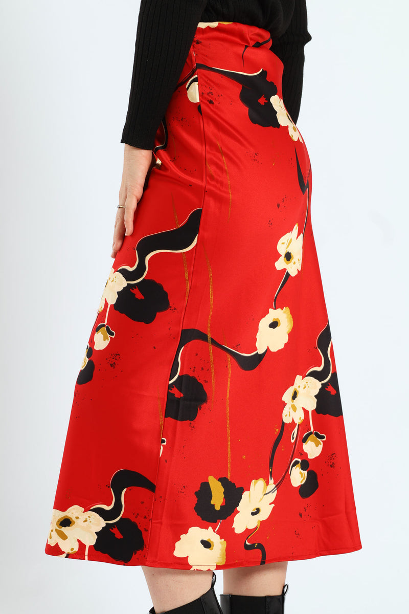 Bias Cut Satin Print Midi Skirt - Red