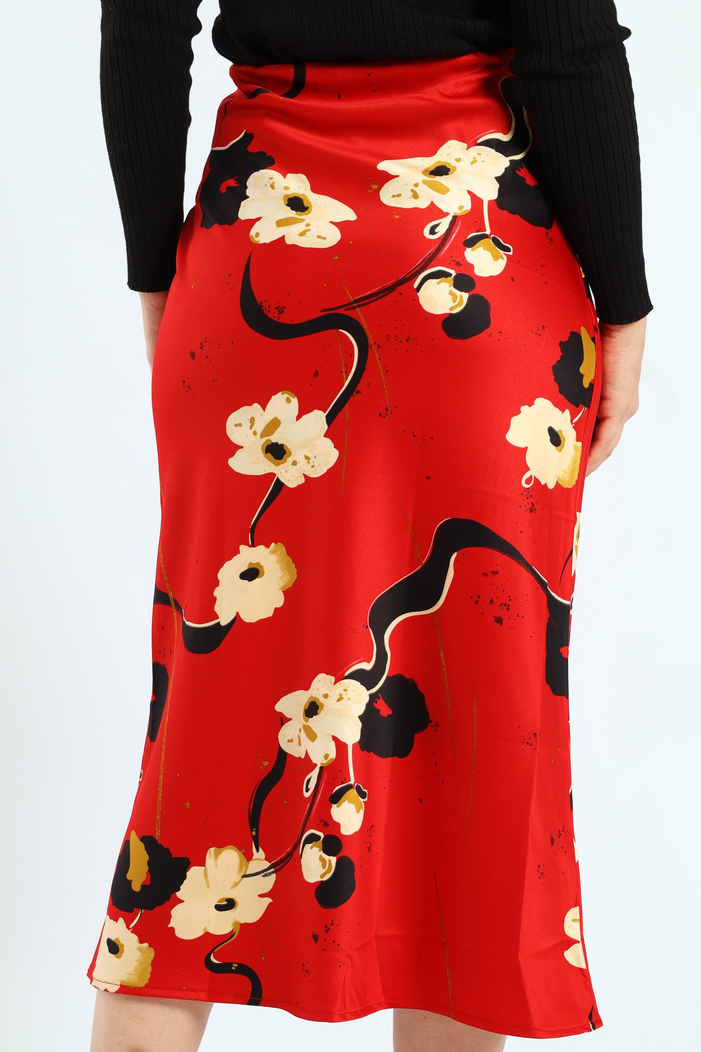 Ladies Bias Cut Satin Print Midi Skirt - Red – Edgars