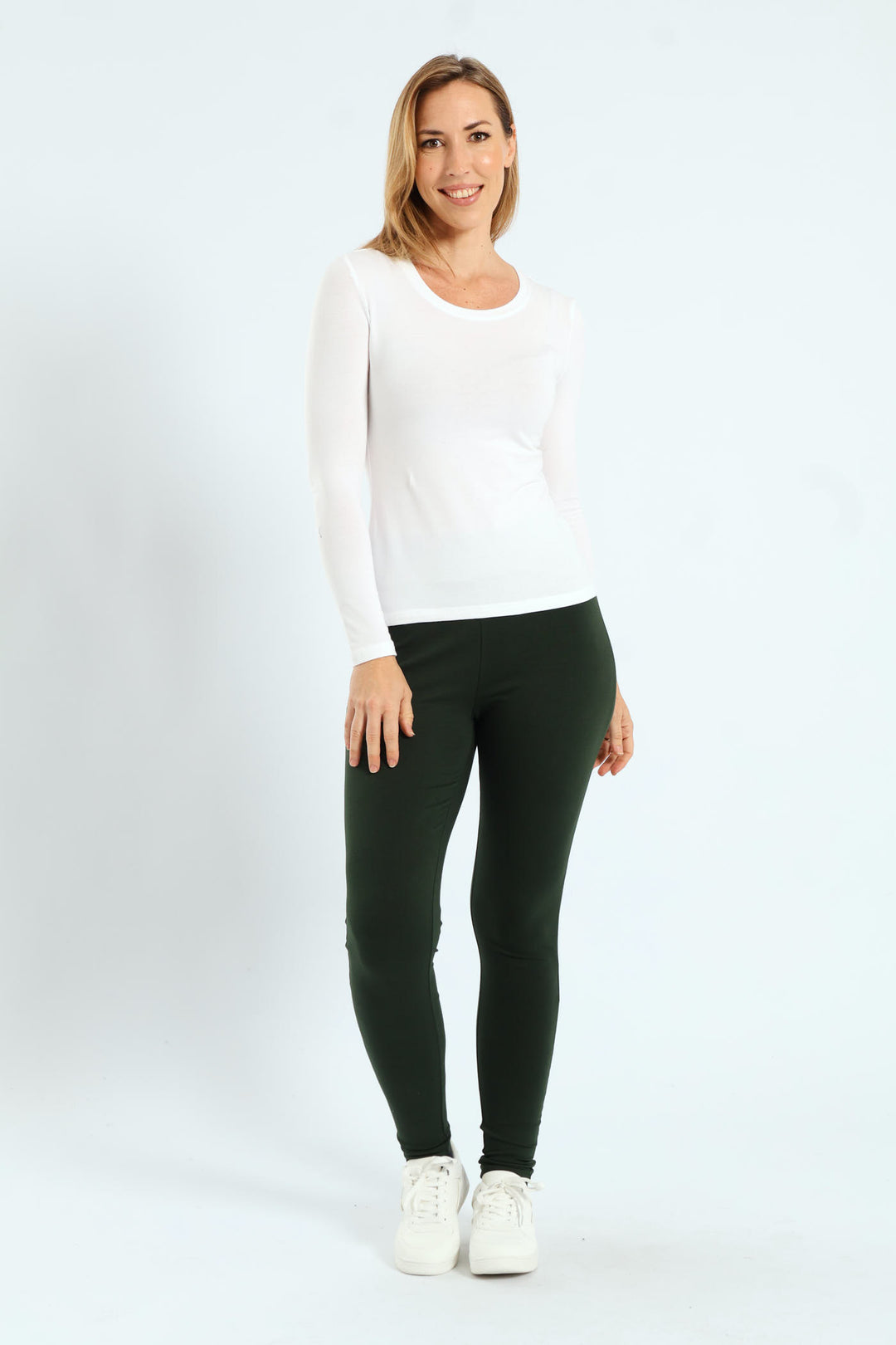 Long Sleeve Cotton Lycra Crew Top - White