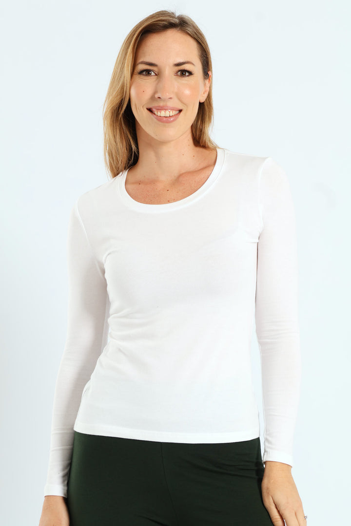Long Sleeve Cotton Lycra Crew Top - White