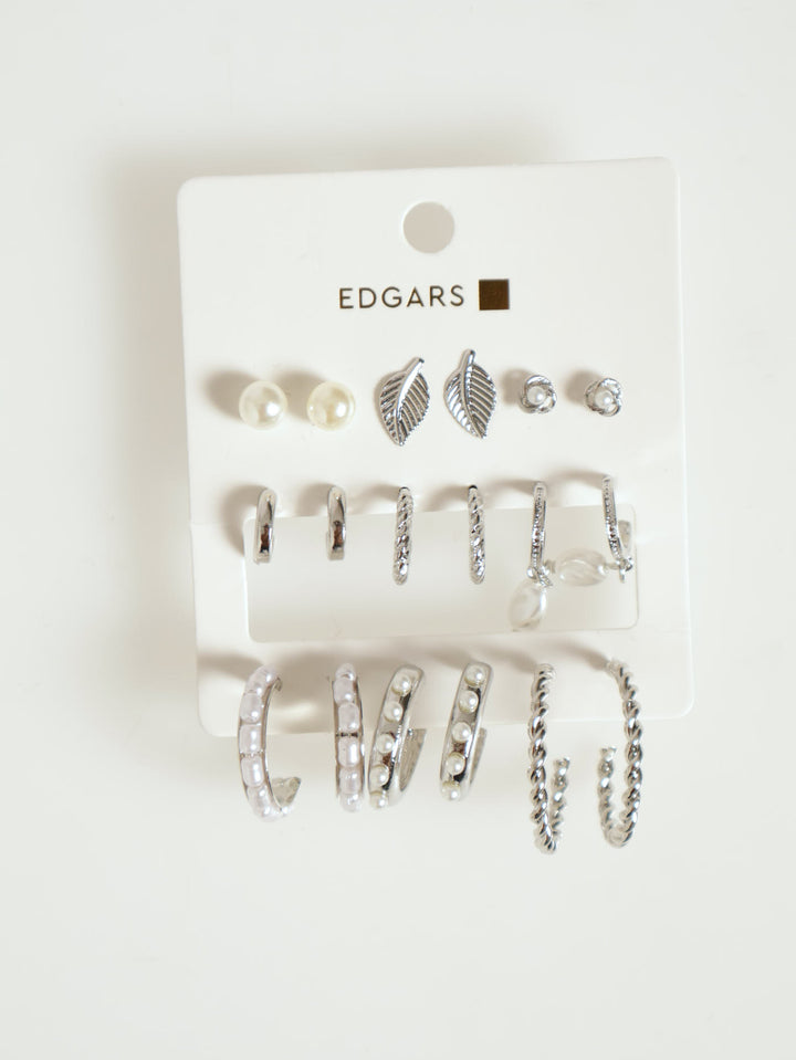 9 Pack Pearl Hoop & Leaf Earrings - Silver