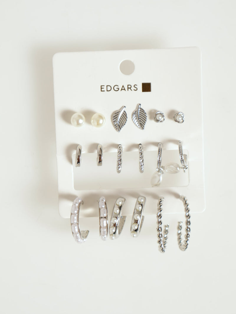 9 Pack Pearl Hoop & Leaf Earrings - Silver