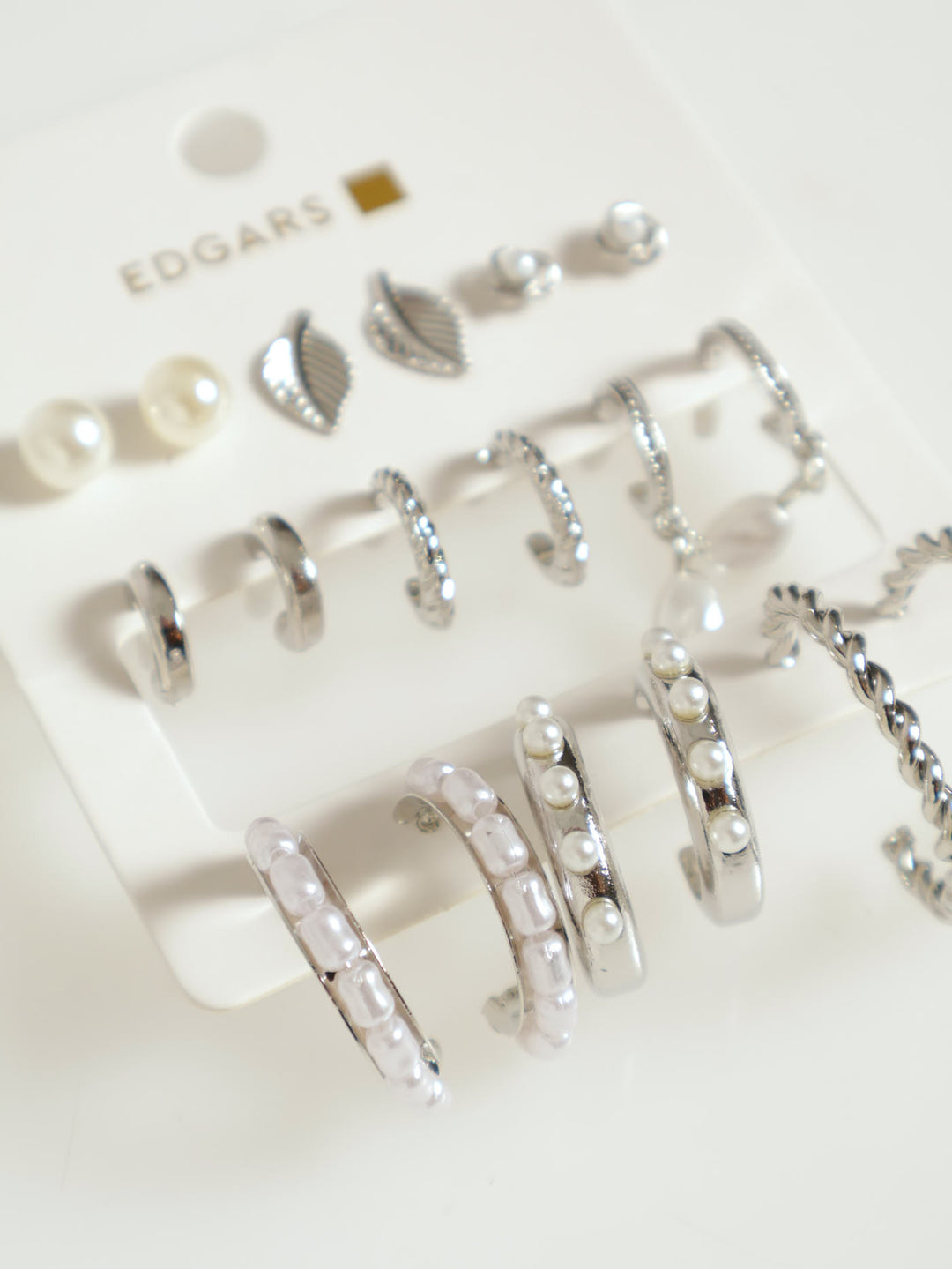 9 Pack Pearl Hoop & Leaf Earrings - Silver
