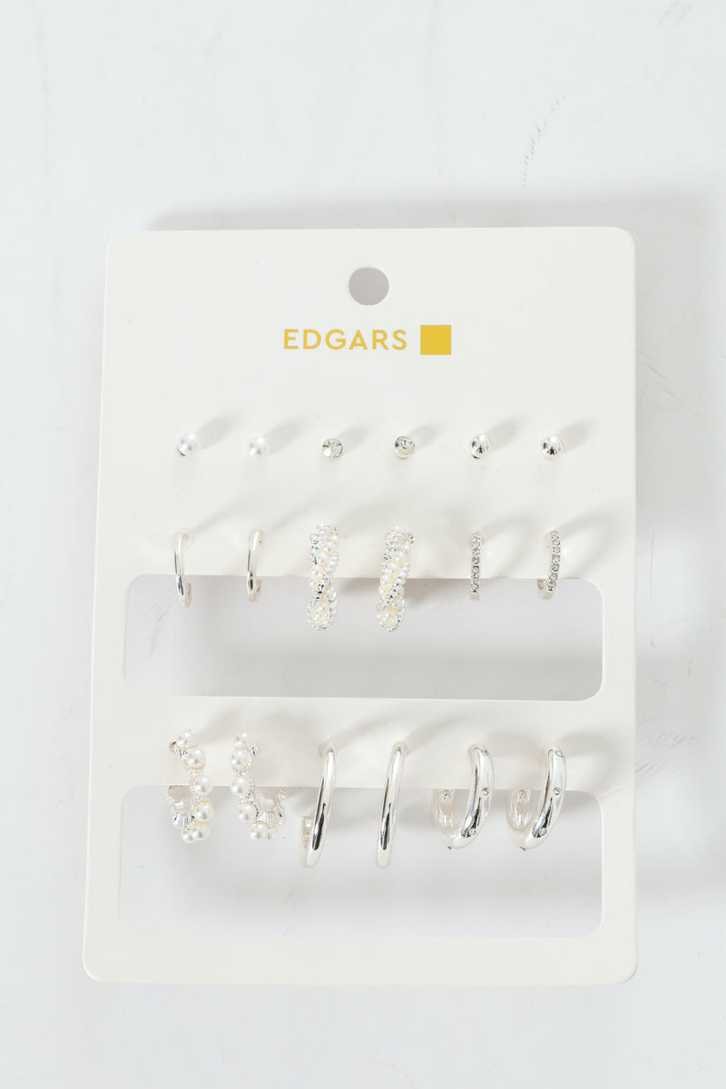 9 Pack Stud Faux Pearl Bead Hoop Earrings - Silver