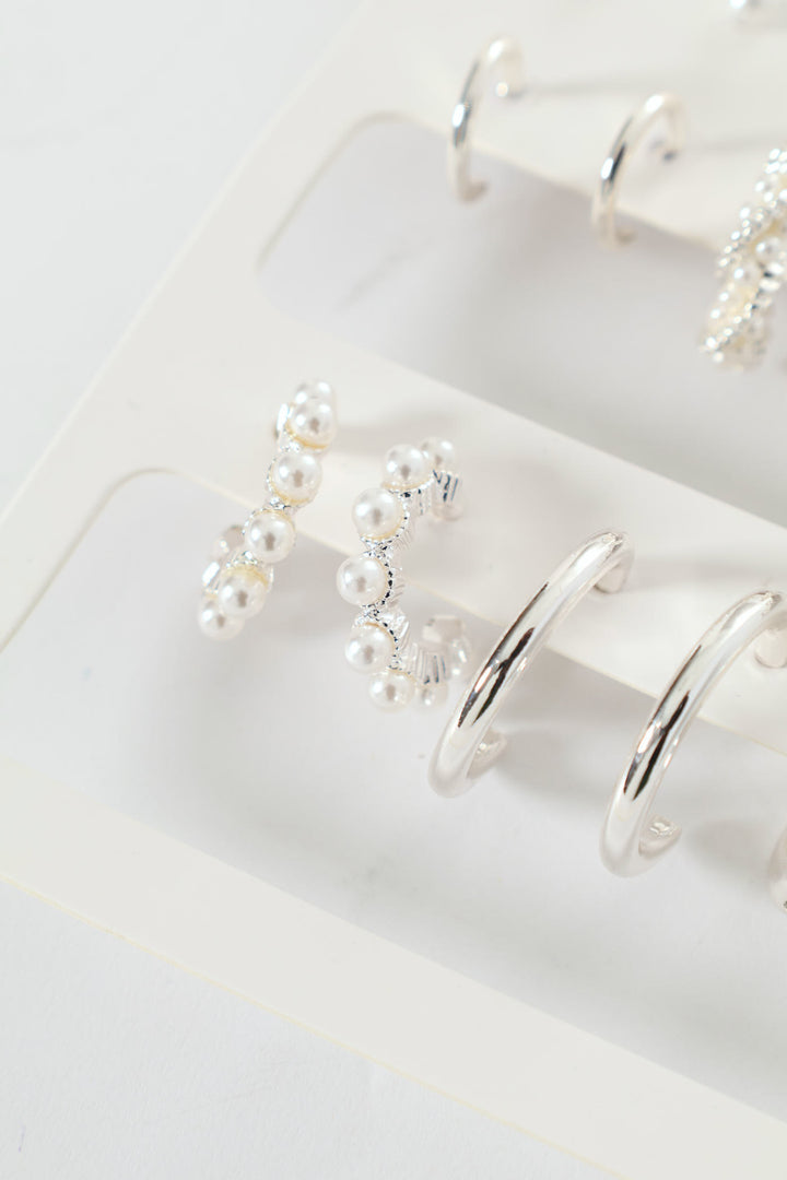 9 Pack Stud Faux Pearl Bead Hoop Earrings - Silver