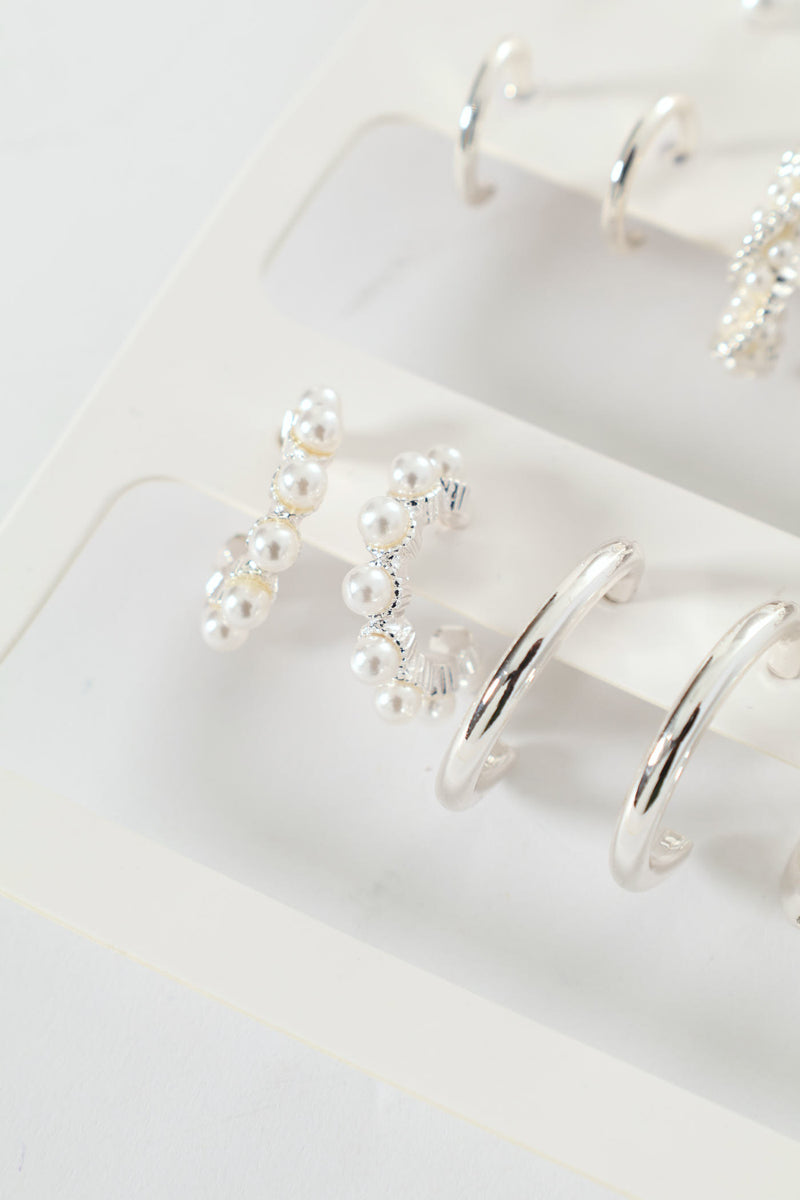 9 Pack Stud Faux Pearl Bead Hoop Earrings - Silver