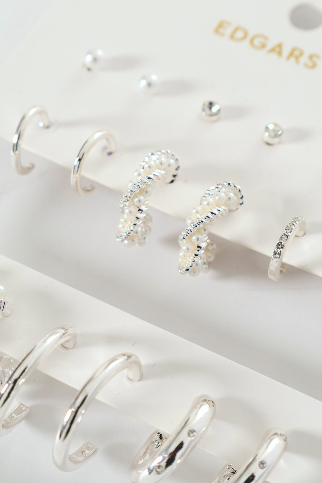 9 Pack Stud Faux Pearl Bead Hoop Earrings - Silver