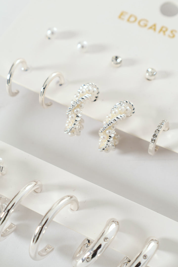 9 Pack Stud Faux Pearl Bead Hoop Earrings - Silver