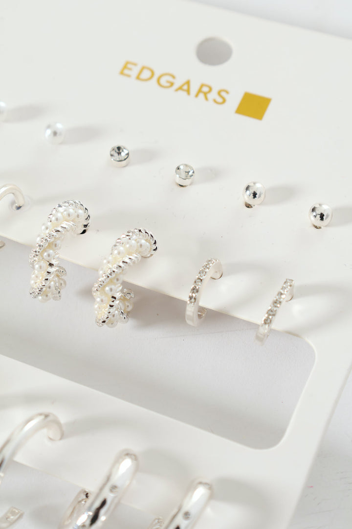 9 Pack Stud Faux Pearl Bead Hoop Earrings - Silver