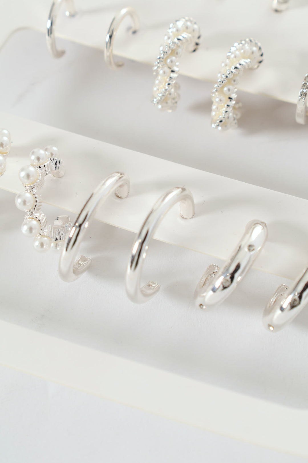 9 Pack Stud Faux Pearl Bead Hoop Earrings - Silver